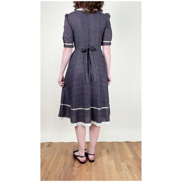 Vintage 70s Puff Sleeve Midi Dress Cottagecore Prairie Floral Print Lace Western - Picture 3 of 7